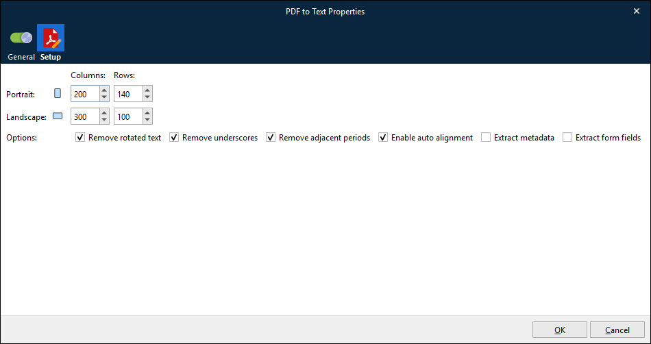 The PDF to Text modifier Setup tab.